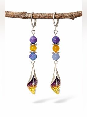 Boho Enamel Leaf Statement Dangle Earrings • Purple Yellow Blue Beads  Leverback